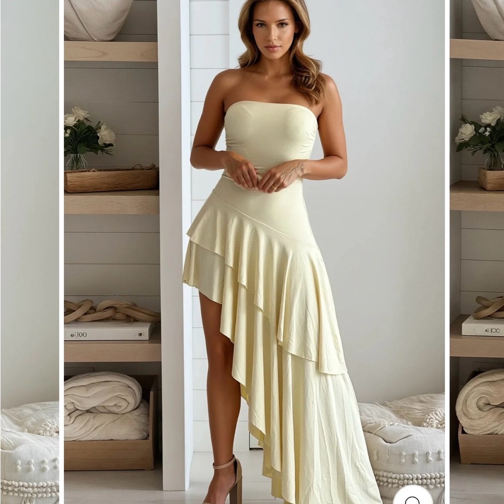 Elegant Strapless Asymmetrical Dress in Yellow